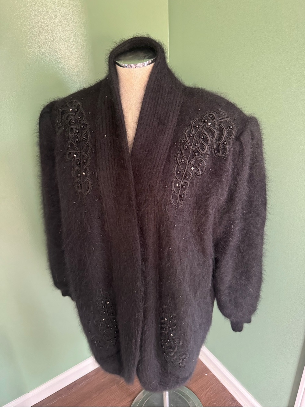 Black Embellished Women's Angora Blend Cardigan Sweater